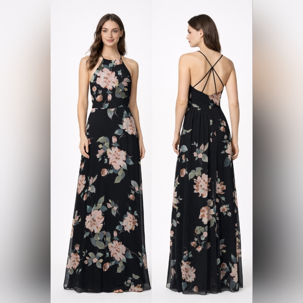 Jenny Yoo Kaila A-Line Gown Black Floral Maxi Dress Size 14 (Fits 10)